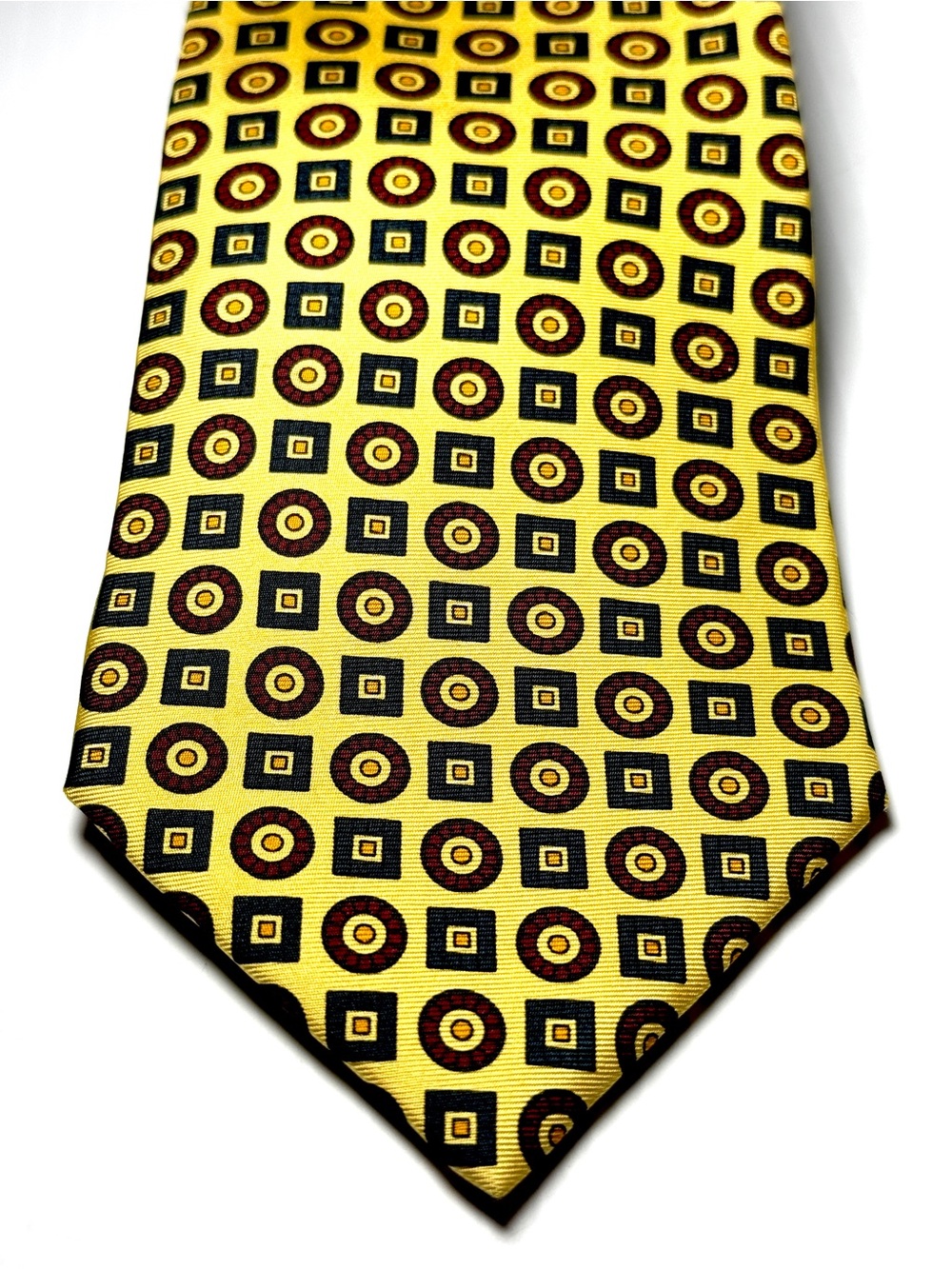 Faconnable Yellow Silk Tie with Black Squares and Burgundy Circles